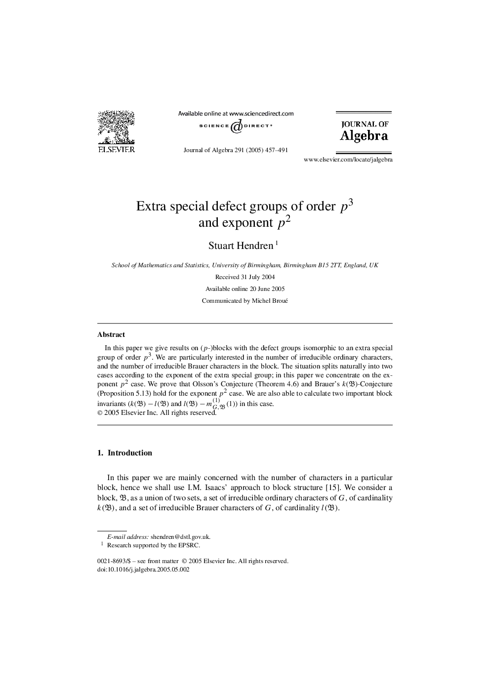 Extra special defect groups of order p3 and exponent p2