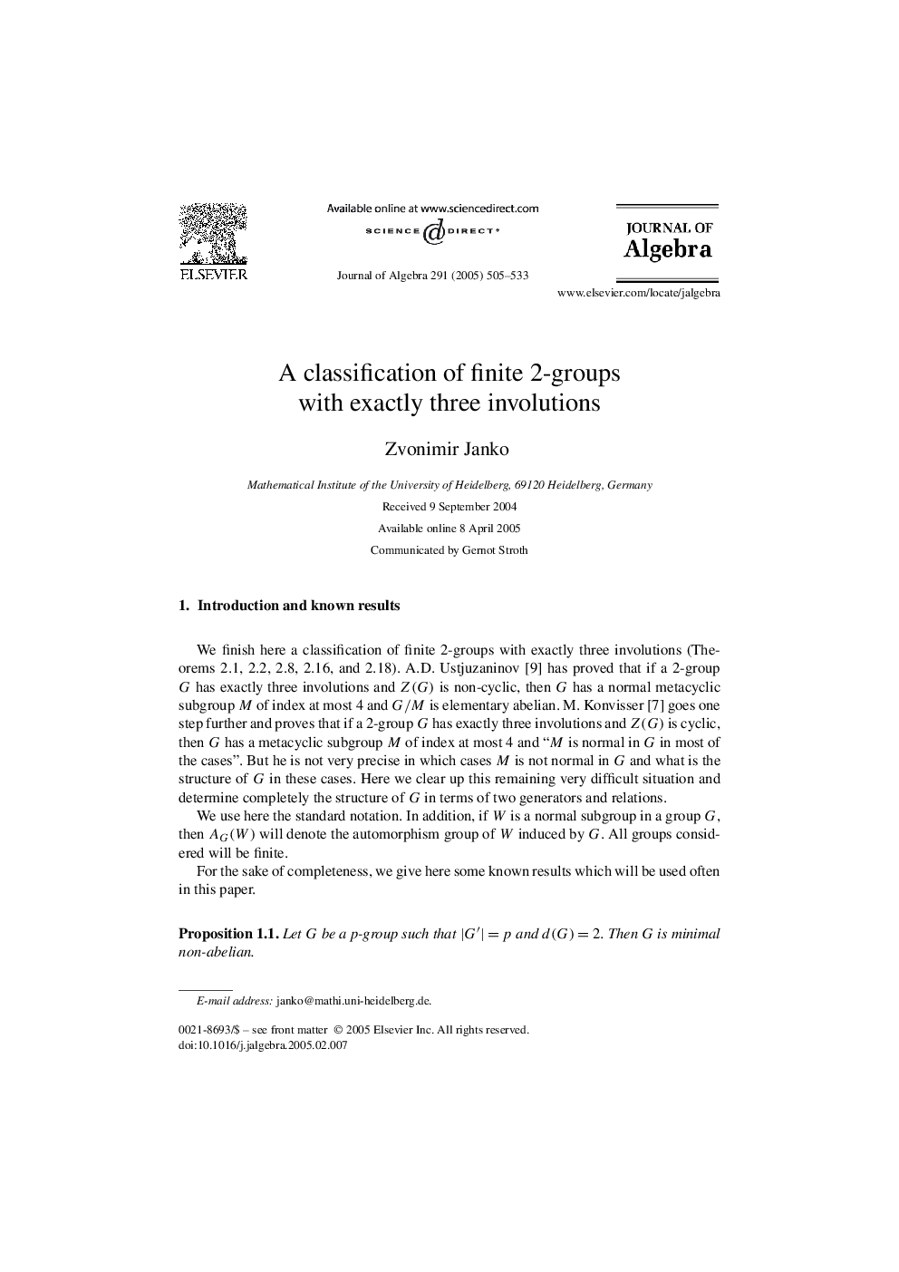 A classification of finite 2-groups with exactly three involutions