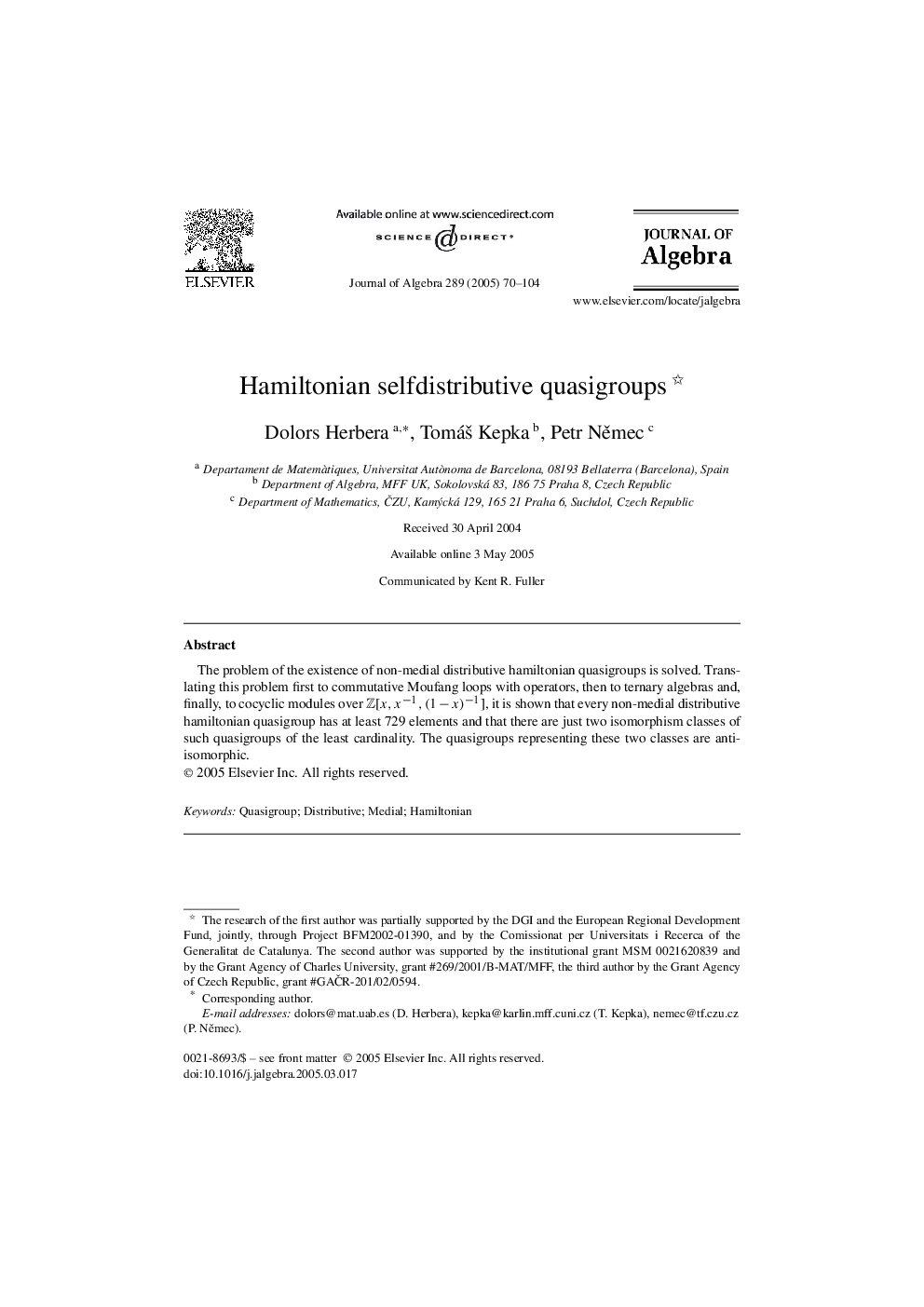 Hamiltonian selfdistributive quasigroups