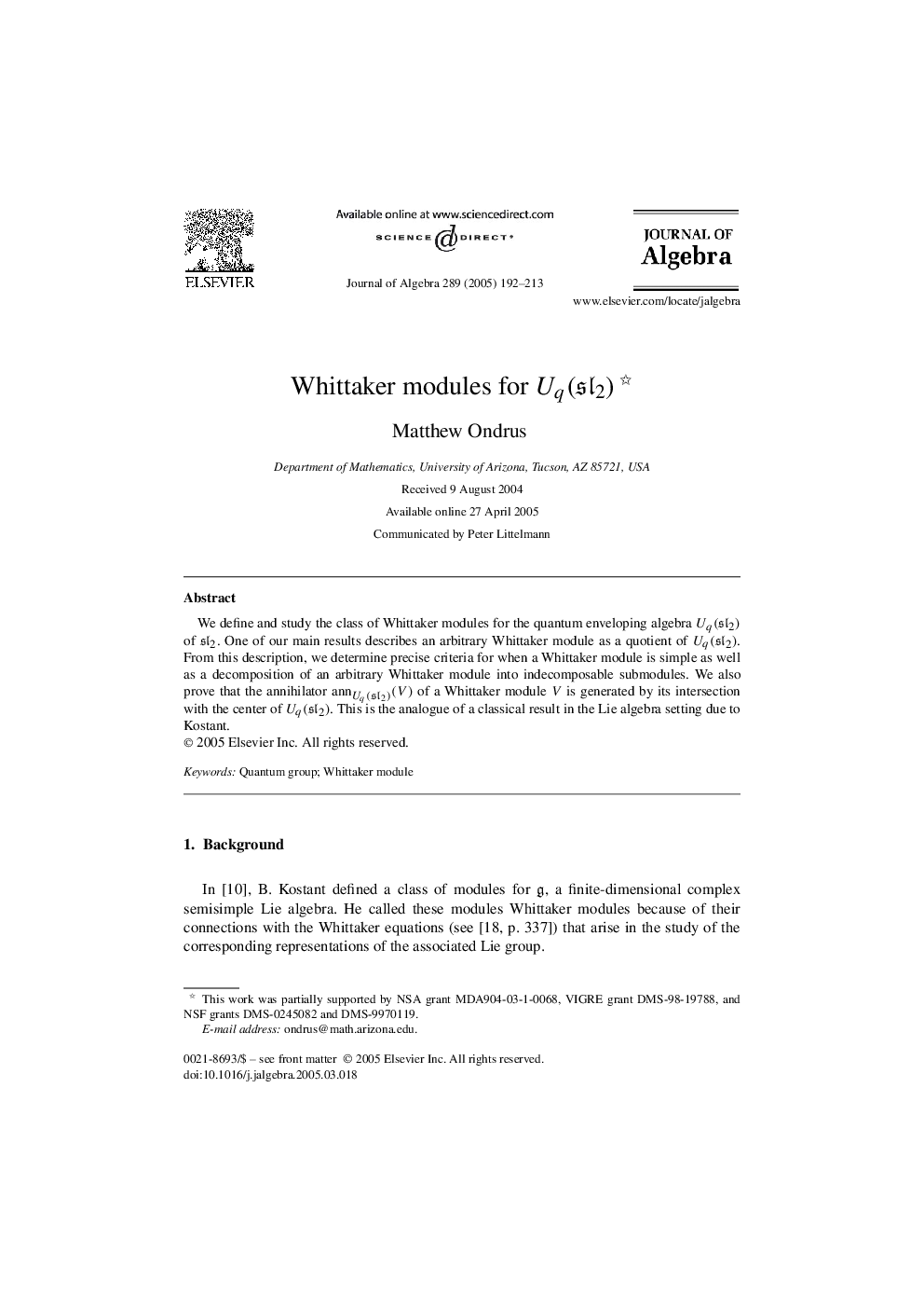 Whittaker modules for Uq(sl2)