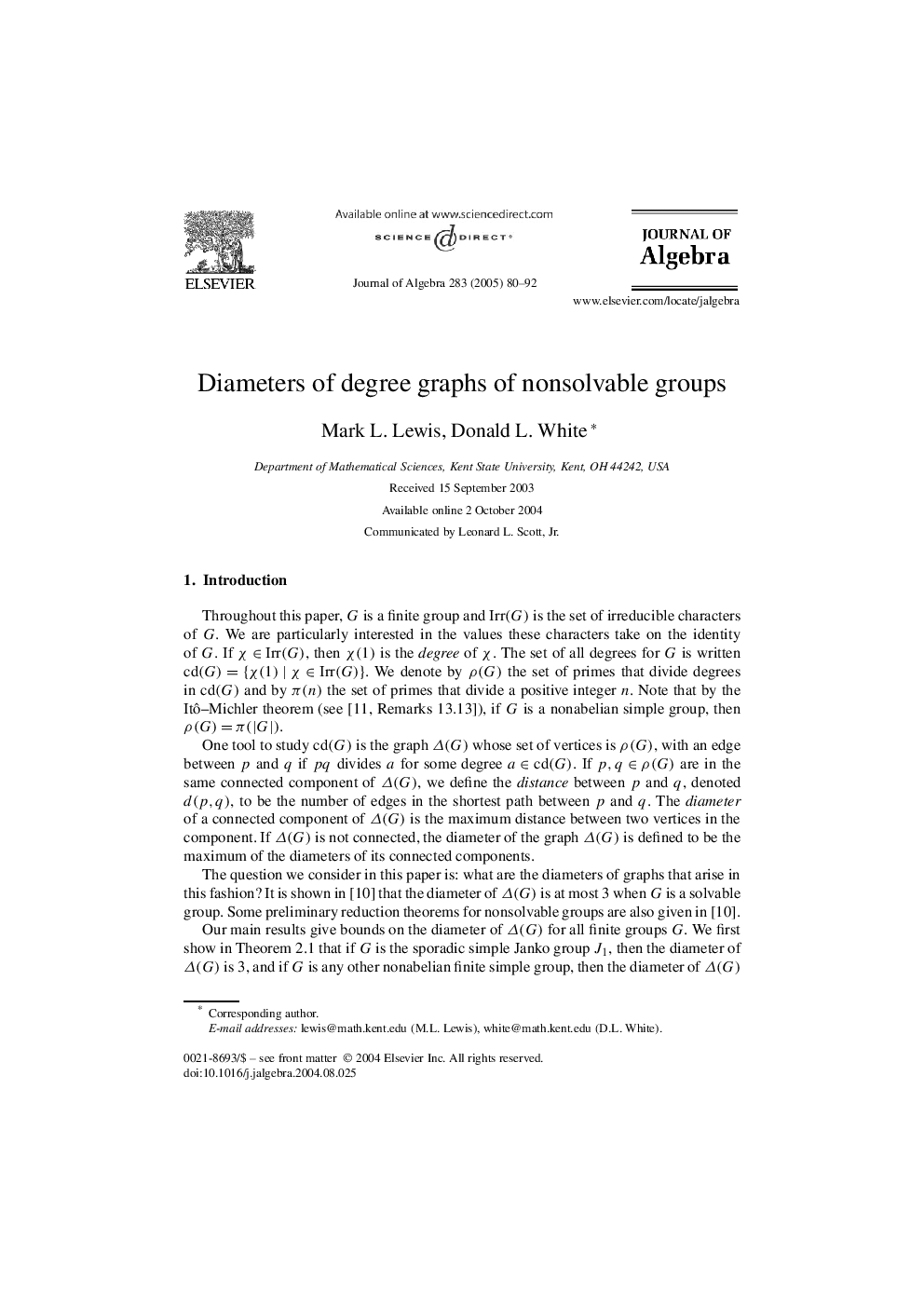 Diameters of degree graphs of nonsolvable groups