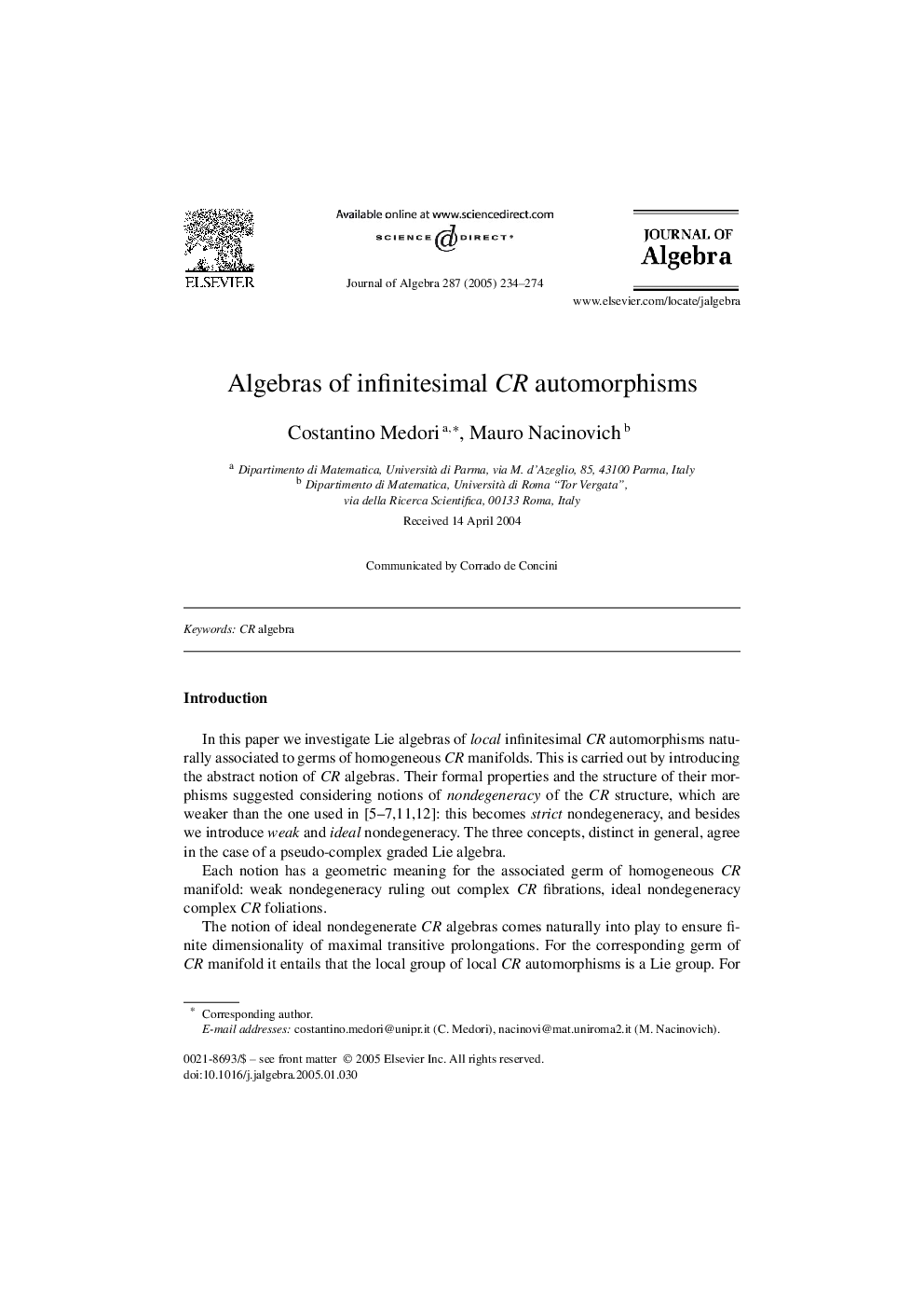 Algebras of infinitesimal CR automorphisms