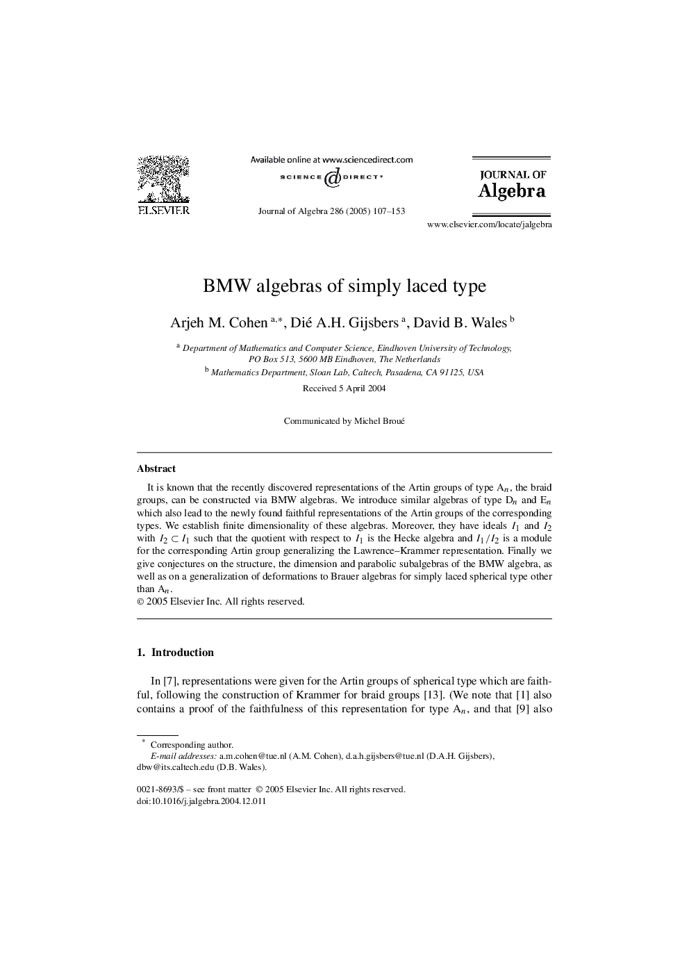 BMW algebras of simply laced type