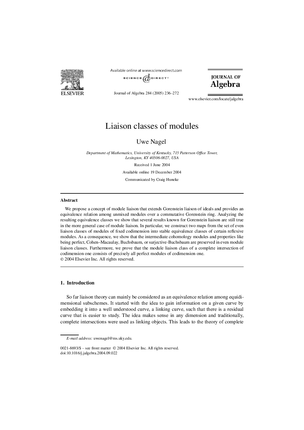 Liaison classes of modules