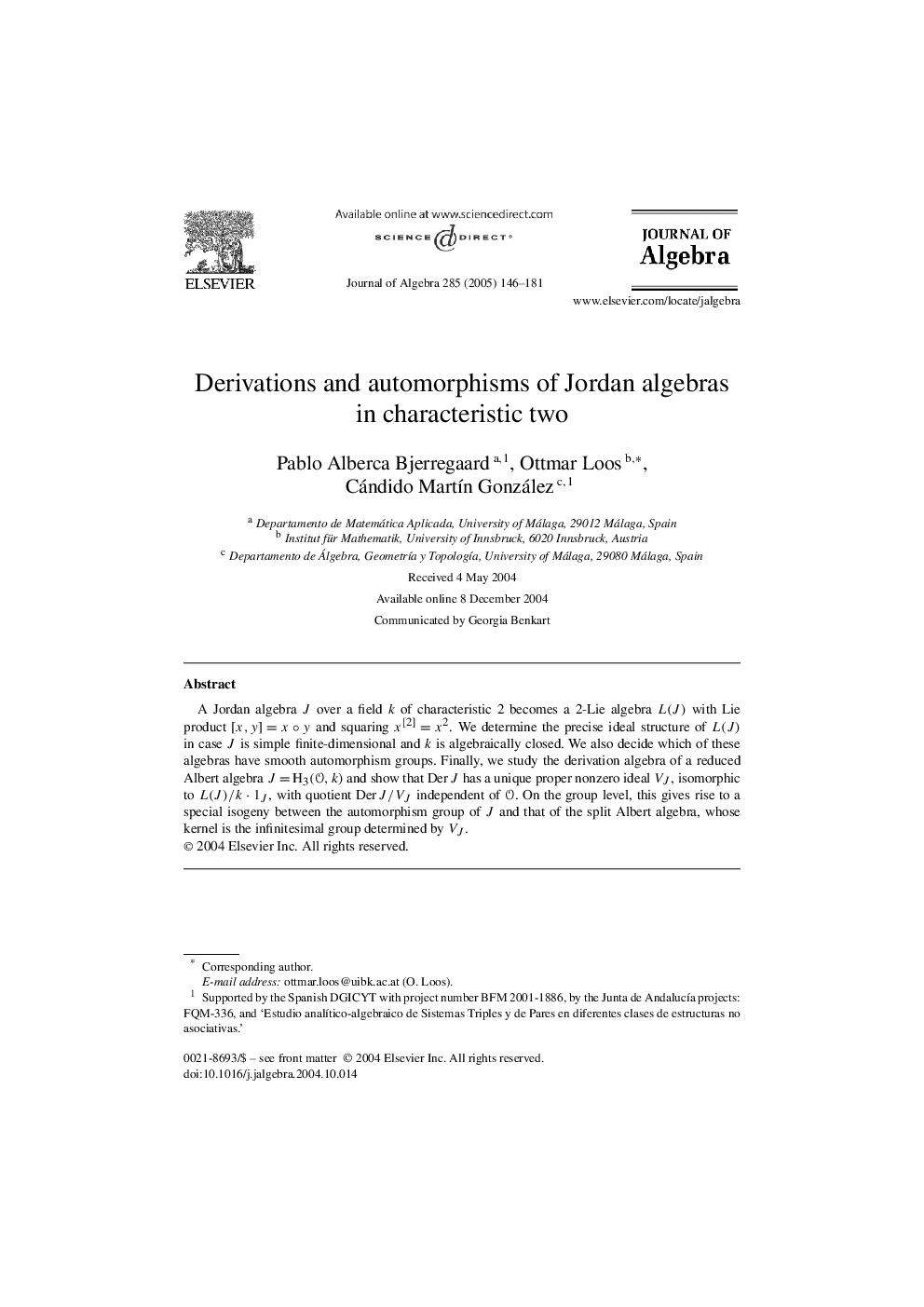 Derivations and automorphisms of Jordan algebras in characteristic two