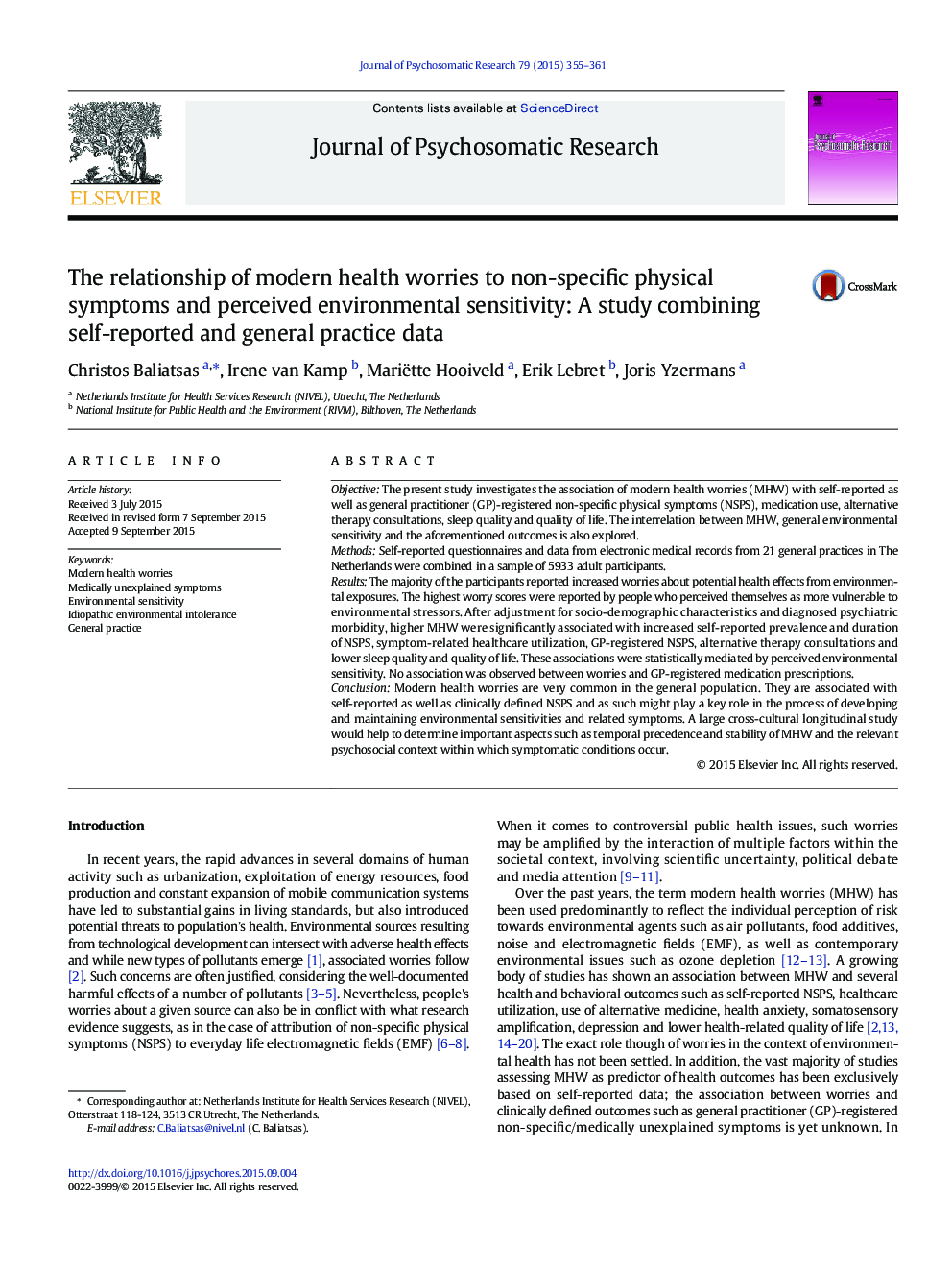 The relationship of modern health worries to non-specific physical symptoms and perceived environmental sensitivity: A study combining self-reported and general practice data