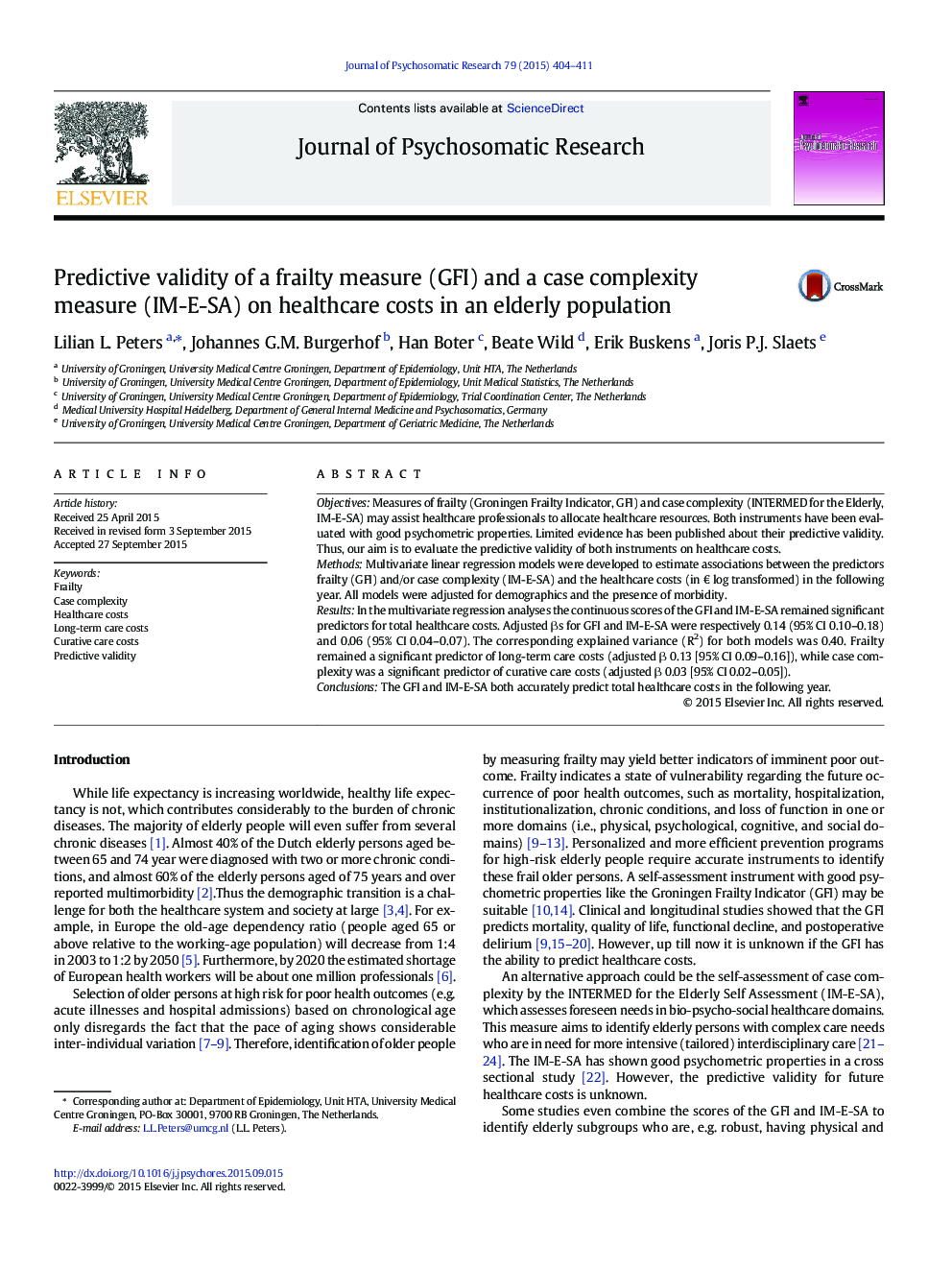 Predictive validity of a frailty measure (GFI) and a case complexity measure (IM-E-SA) on healthcare costs in an elderly population