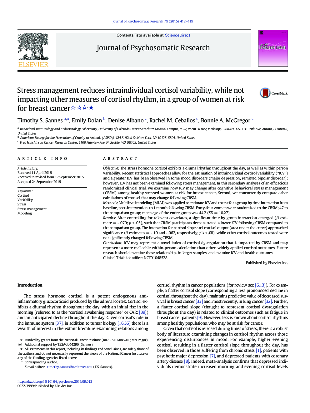 Stress management reduces intraindividual cortisol variability, while not impacting other measures of cortisol rhythm, in a group of women at risk for breast cancer ★