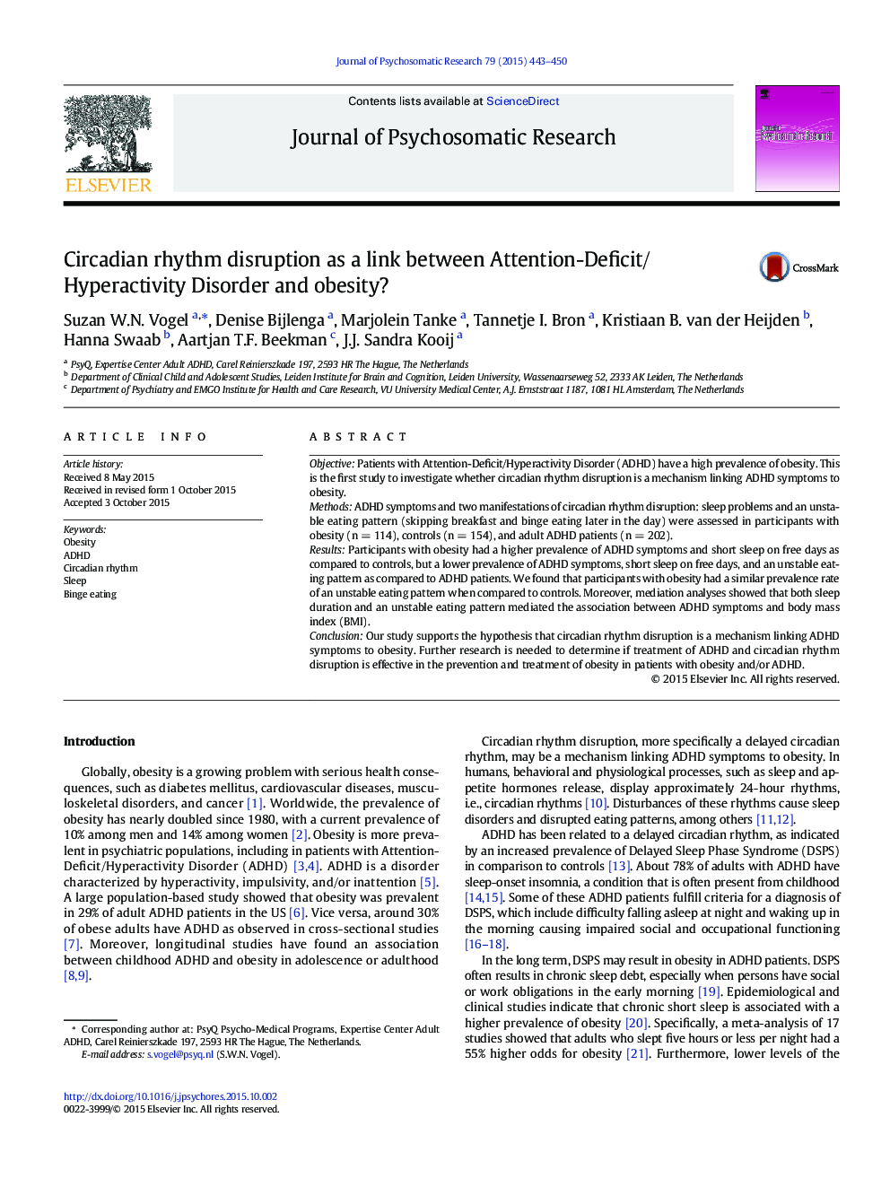 Circadian rhythm disruption as a link between Attention-Deficit/Hyperactivity Disorder and obesity?