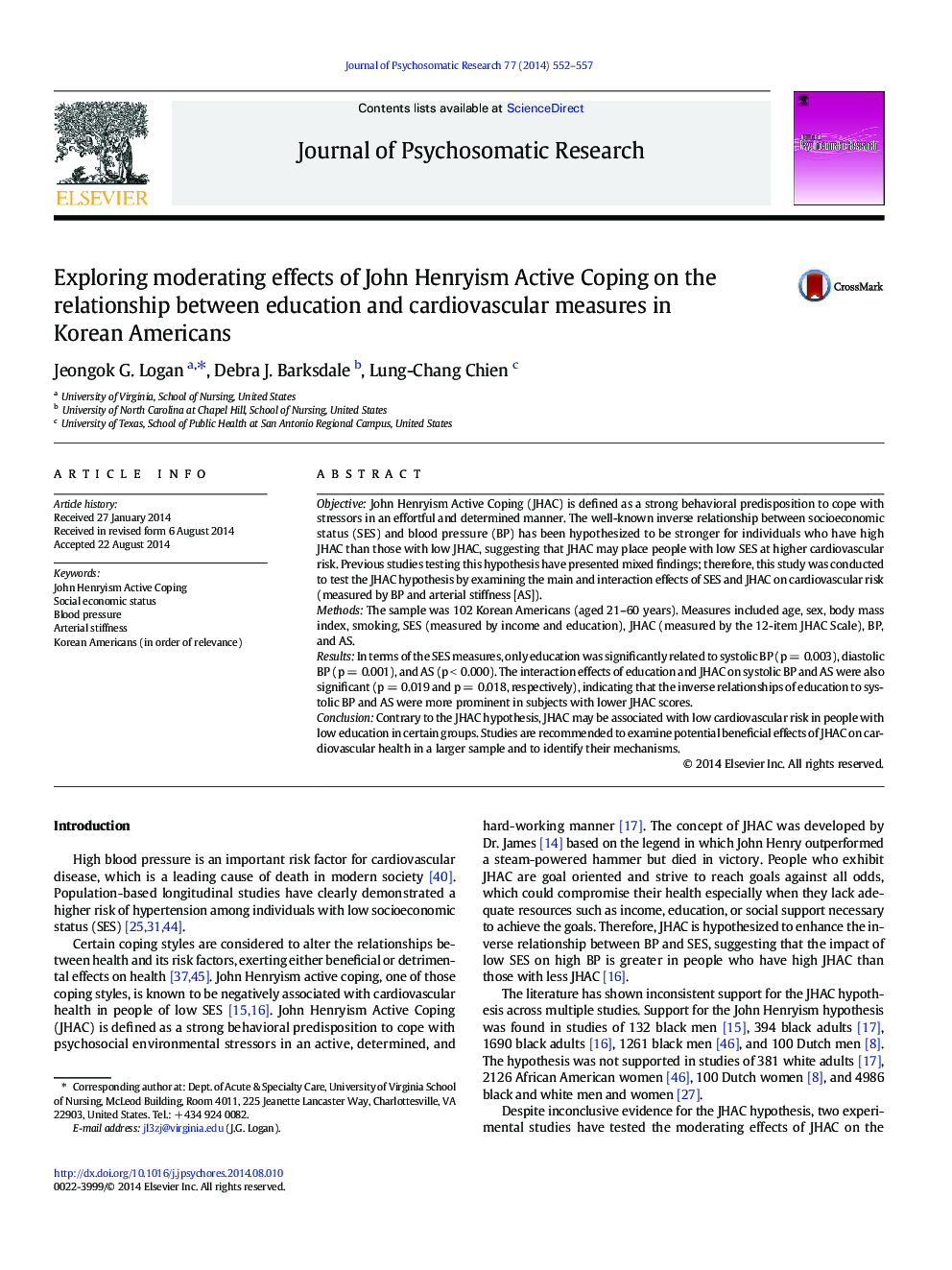 Exploring moderating effects of John Henryism Active Coping on the relationship between education and cardiovascular measures in Korean Americans