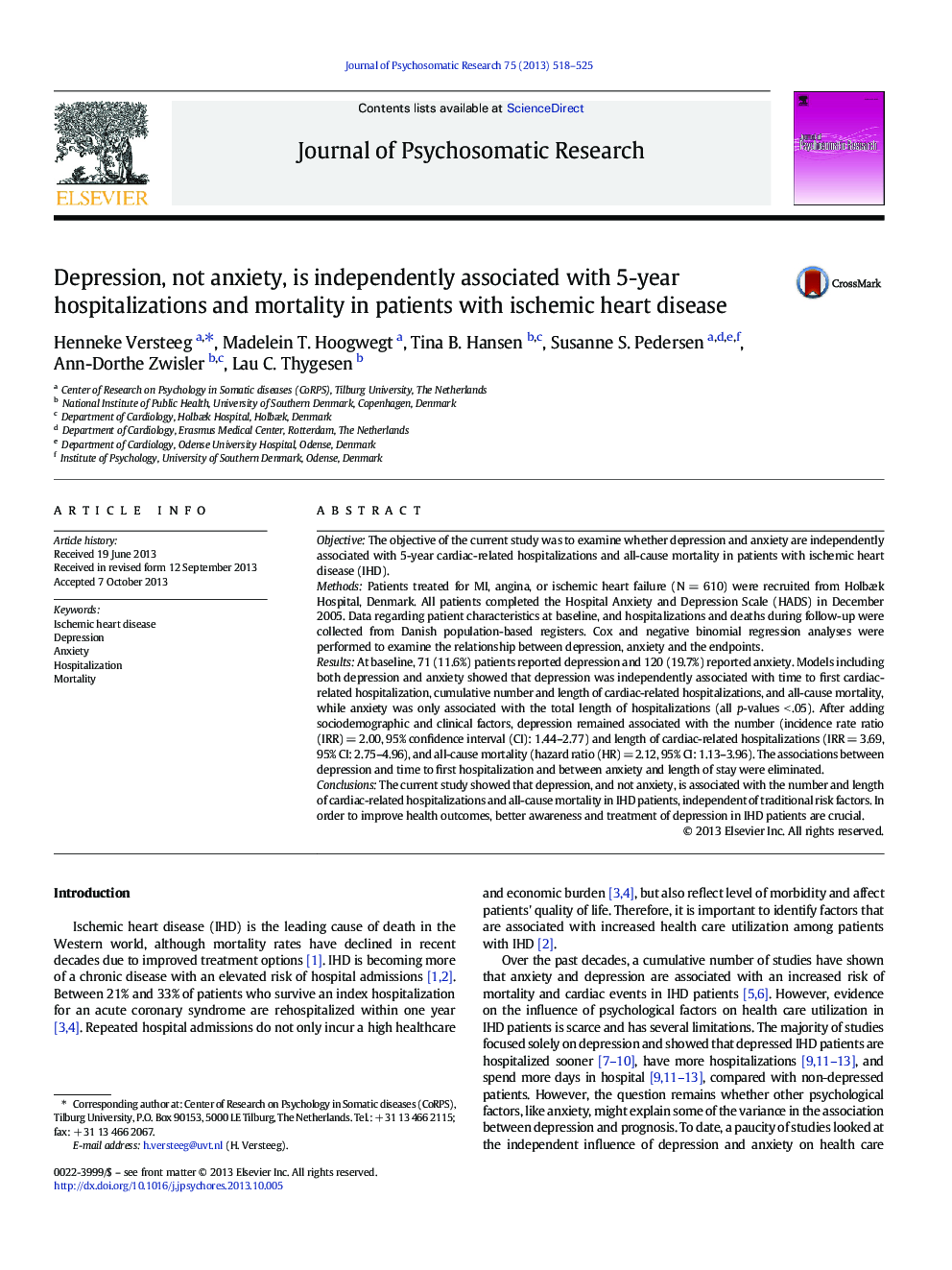 Depression, not anxiety, is independently associated with 5-year hospitalizations and mortality in patients with ischemic heart disease