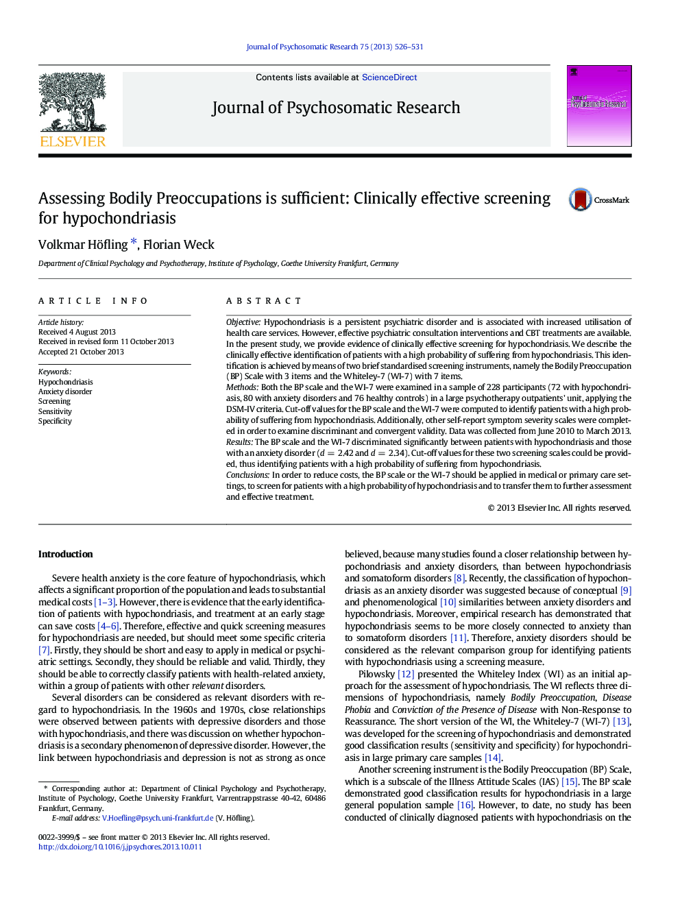 Assessing Bodily Preoccupations is sufficient: Clinically effective screening for hypochondriasis