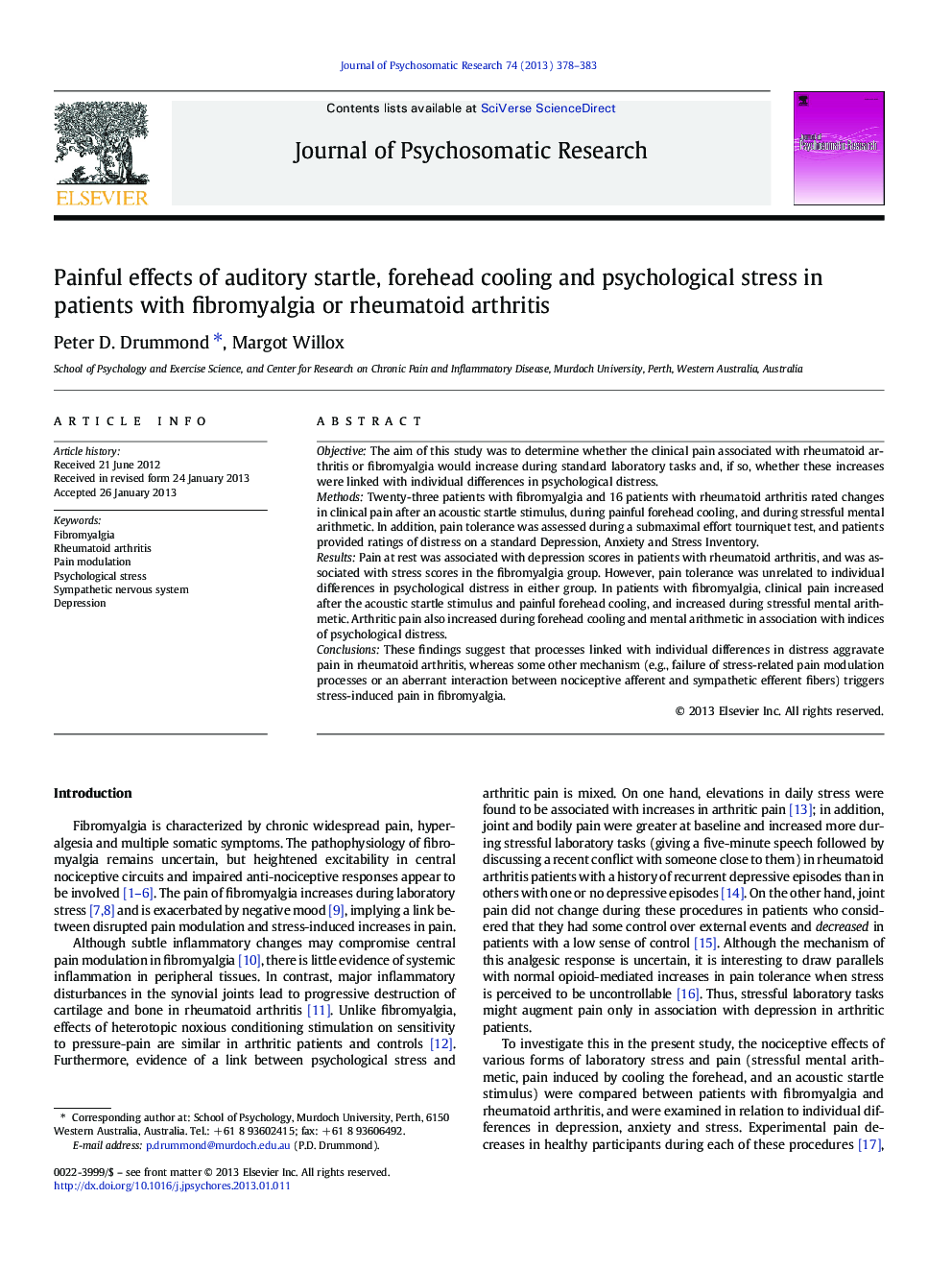 Painful effects of auditory startle, forehead cooling and psychological stress in patients with fibromyalgia or rheumatoid arthritis