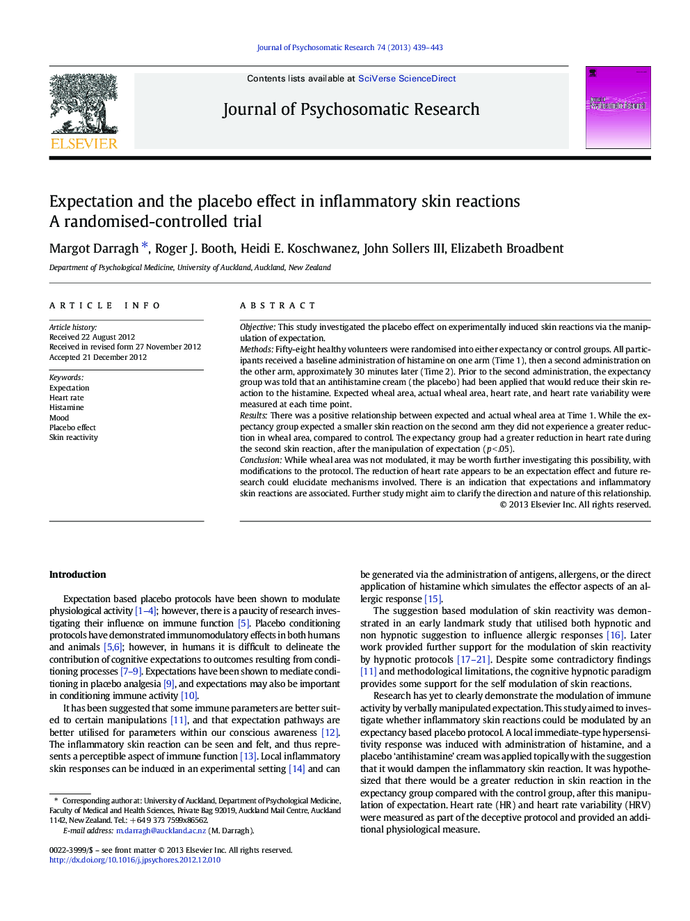 Expectation and the placebo effect in inflammatory skin reactions: A randomised-controlled trial