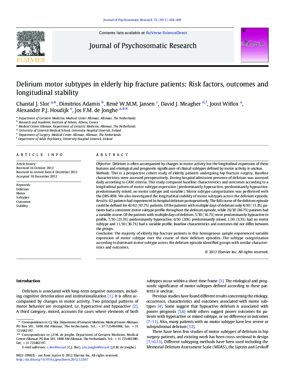 Delirium motor subtypes in elderly hip fracture patients: Risk factors, outcomes and longitudinal stability