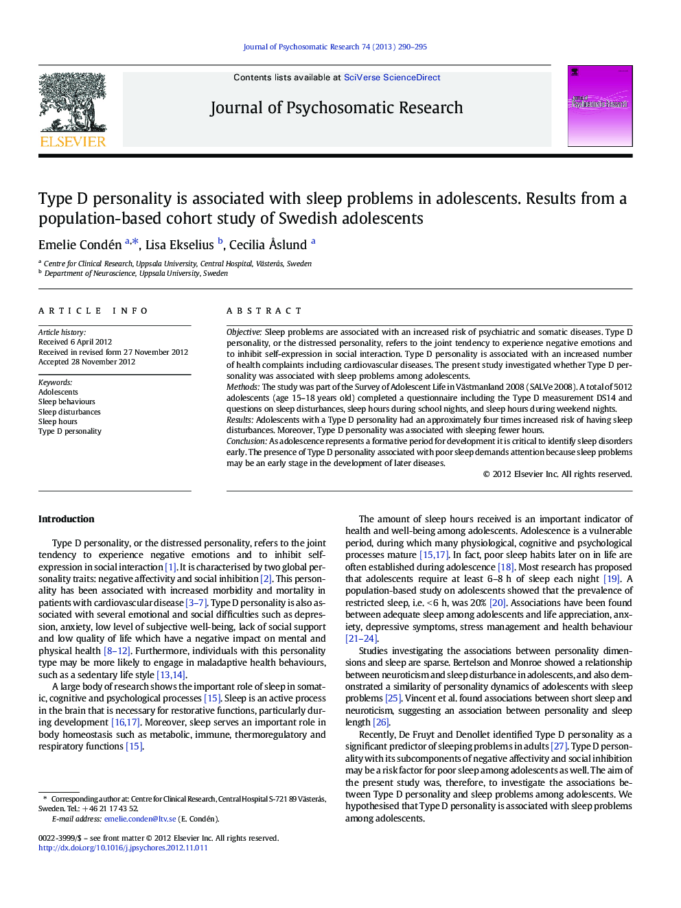 Type D personality is associated with sleep problems in adolescents. Results from a population-based cohort study of Swedish adolescents