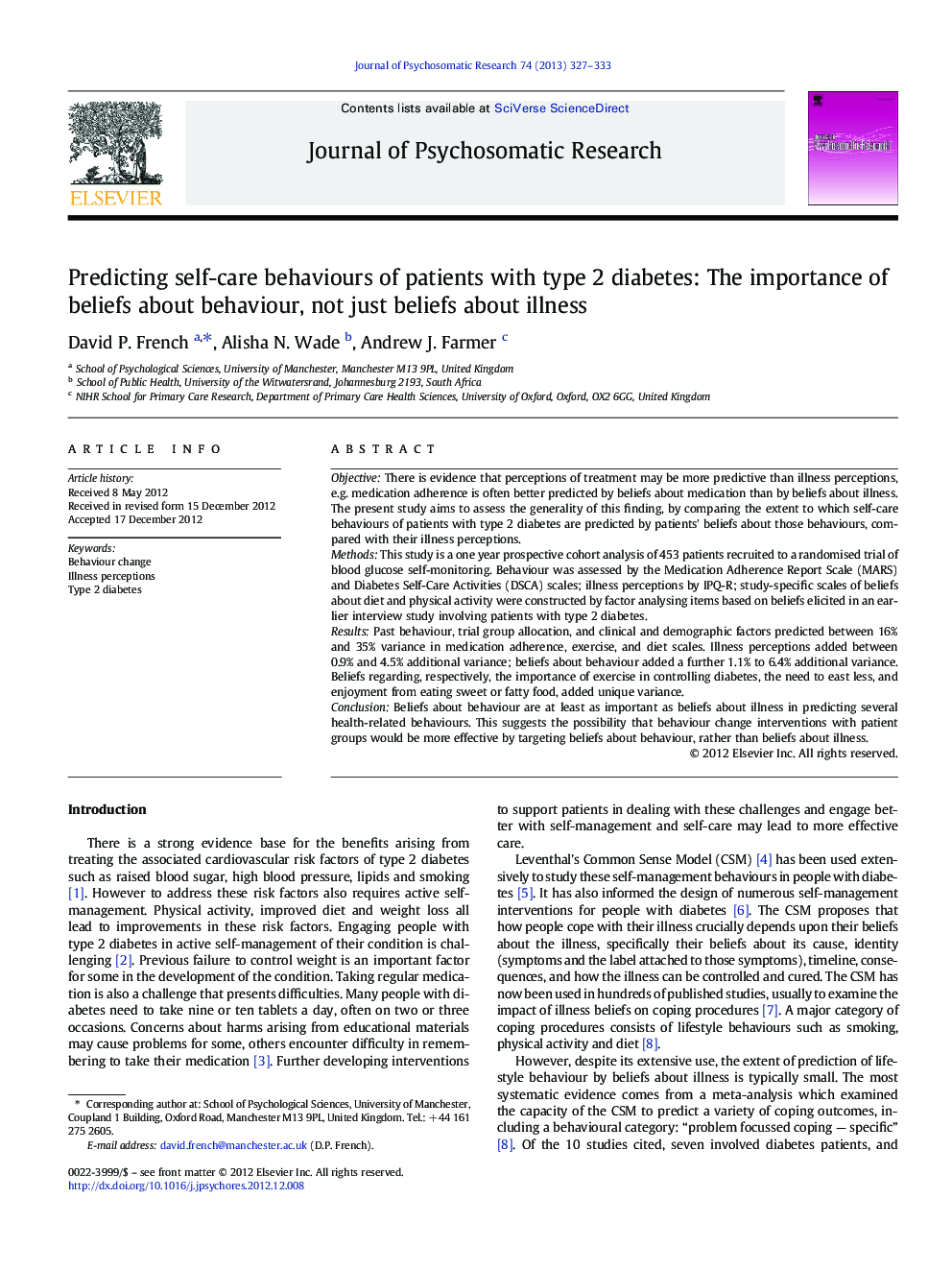 Predicting self-care behaviours of patients with type 2 diabetes: The importance of beliefs about behaviour, not just beliefs about illness