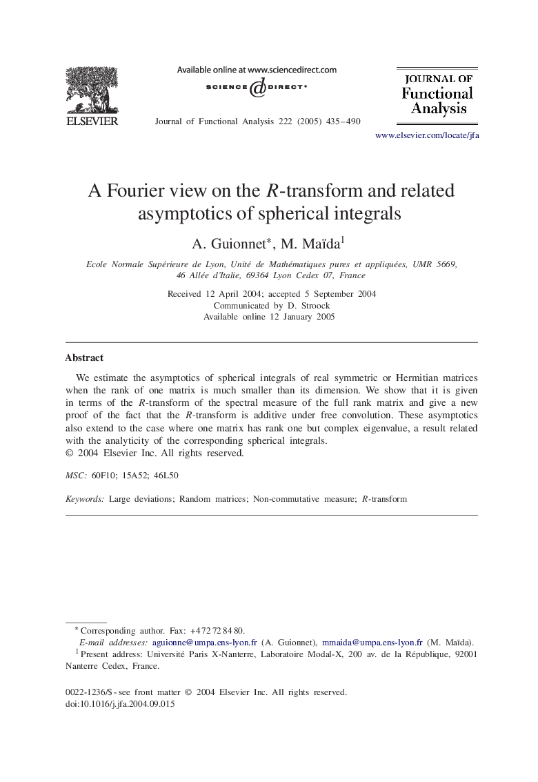 A Fourier view on the R-transform and related asymptotics of spherical integrals