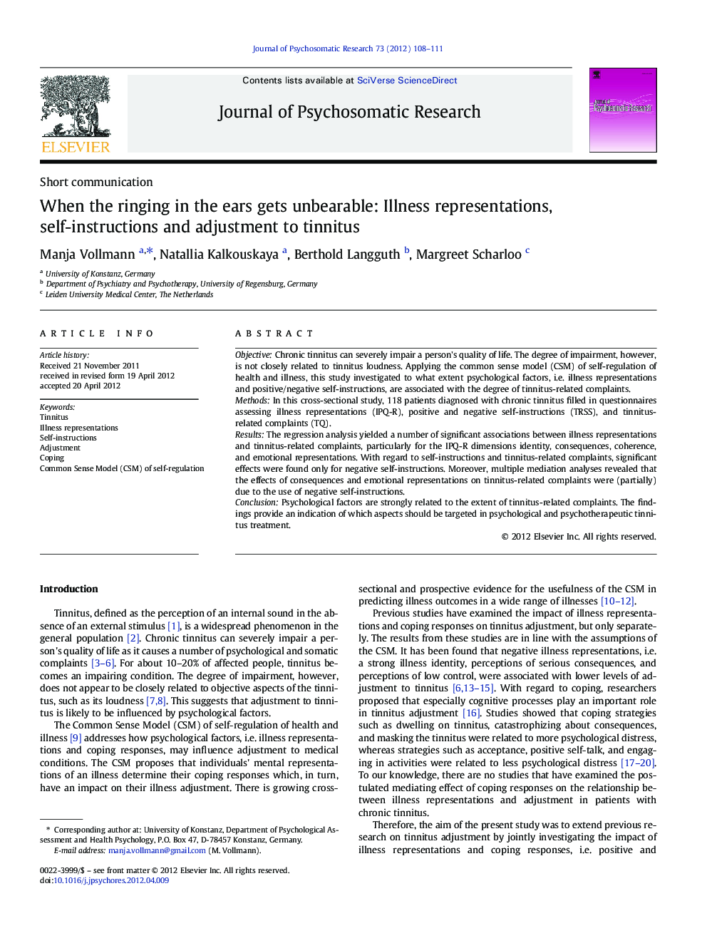 When the ringing in the ears gets unbearable: Illness representations, self-instructions and adjustment to tinnitus