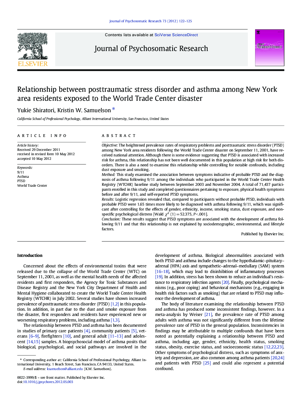 Relationship between posttraumatic stress disorder and asthma among New York area residents exposed to the World Trade Center disaster