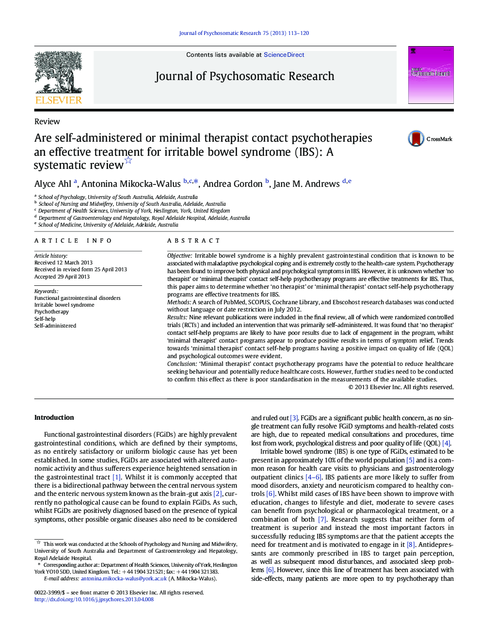 Are self-administered or minimal therapist contact psychotherapies an effective treatment for irritable bowel syndrome (IBS): A systematic review 