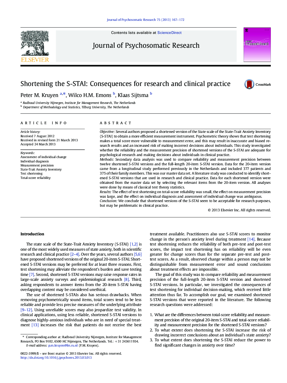 Shortening the S-STAI: Consequences for research and clinical practice