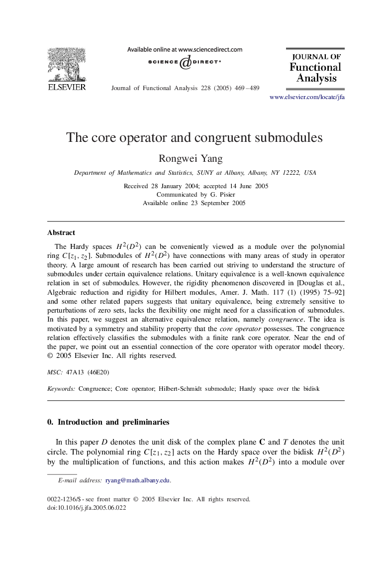 The core operator and congruent submodules