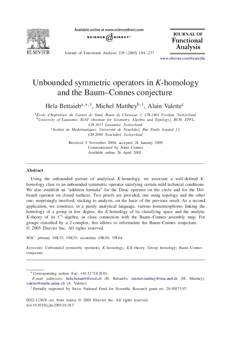 Unbounded symmetric operators in K-homology and the Baum-Connes conjecture