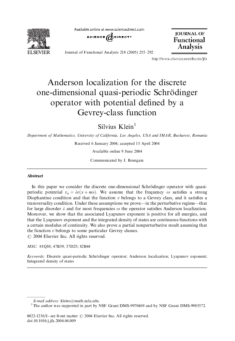 Anderson localization for the discrete one-dimensional quasi-periodic Schrödinger operator with potential defined by a Gevrey-class function