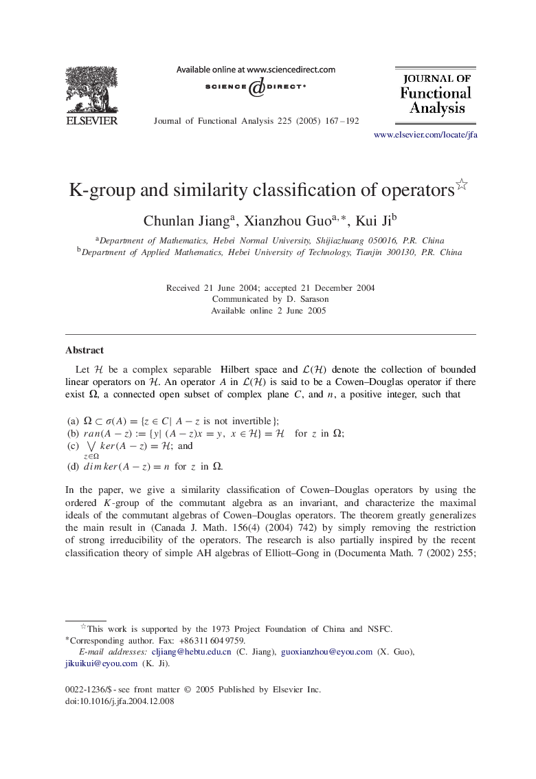 K-group and similarity classification of operators