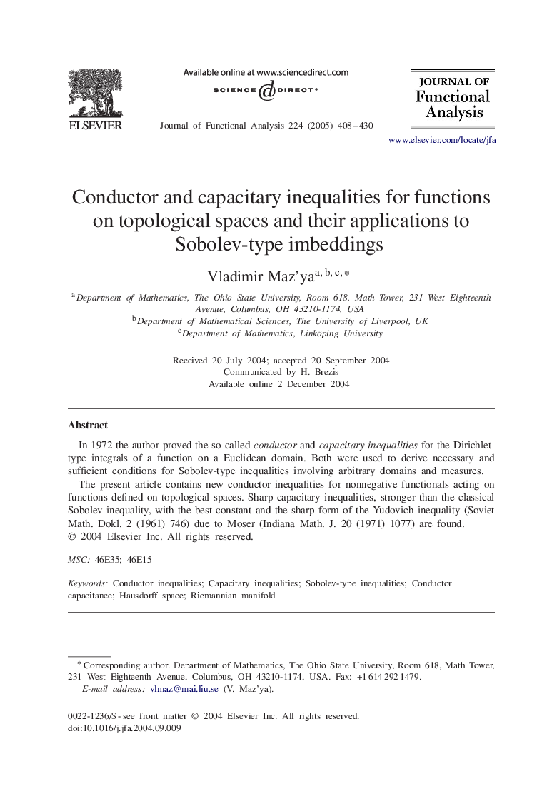 Conductor and capacitary inequalities for functions on topological spaces and their applications to Sobolev-type imbeddings