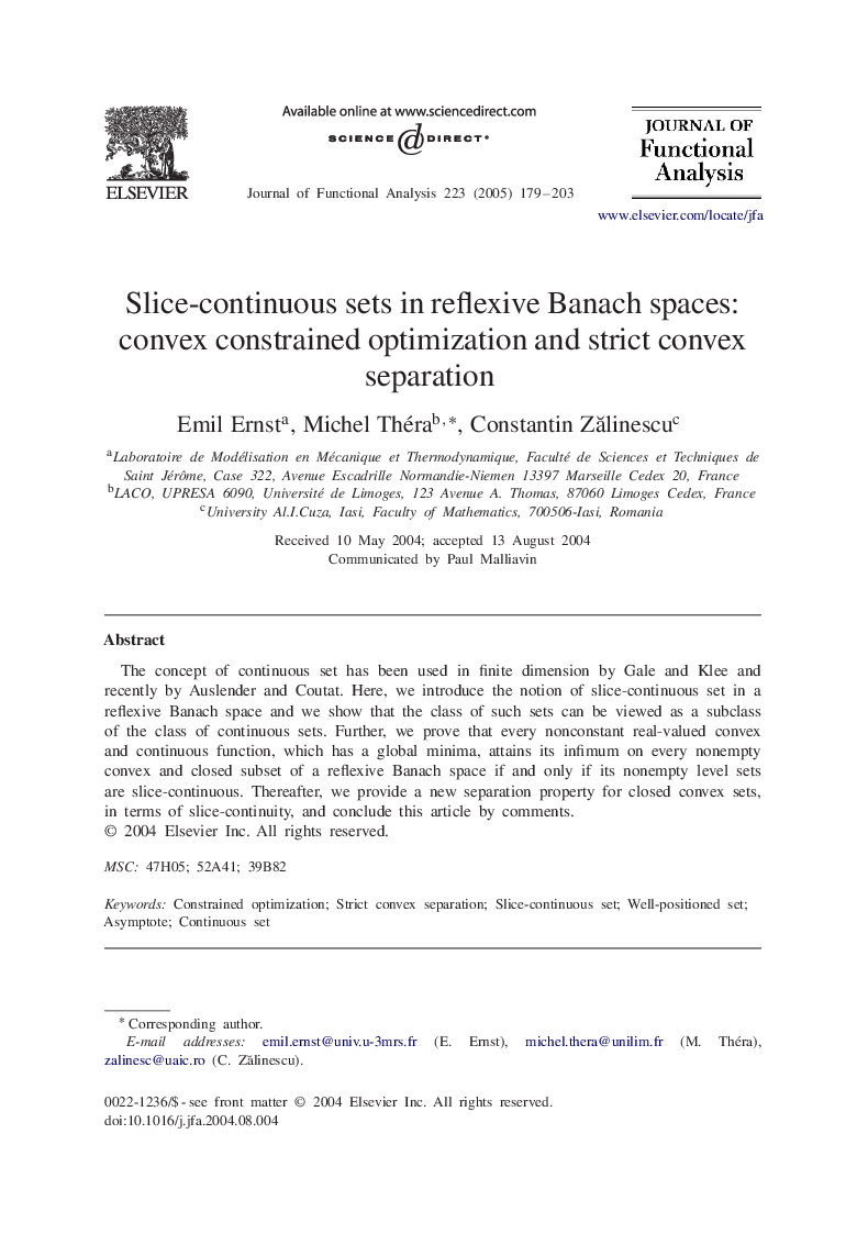 Slice-continuous sets in reflexive Banach spaces: convex constrained optimization and strict convex separation