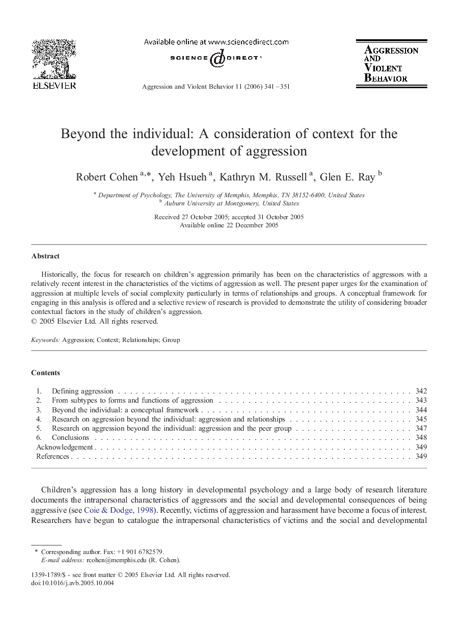 Beyond the individual: A consideration of context for the development of aggression