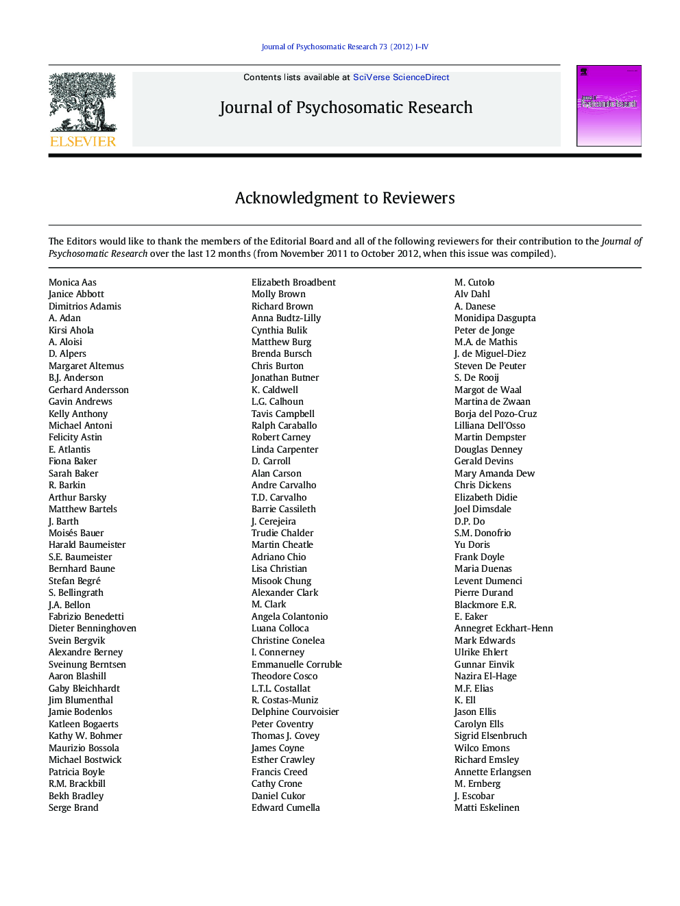 Acknowledgement to Reviewers