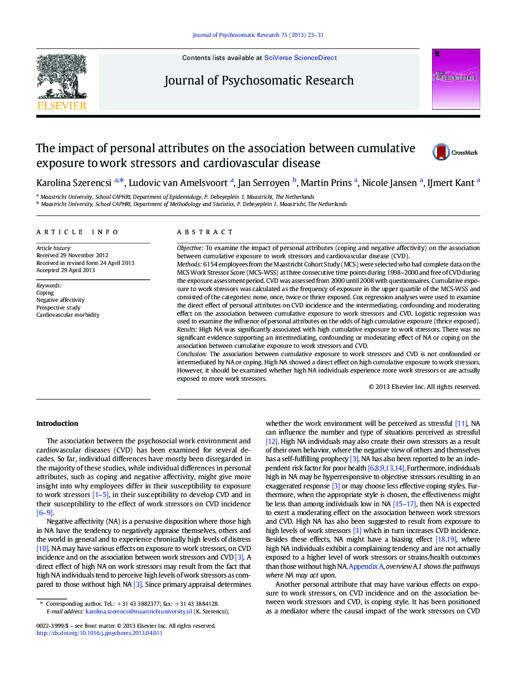 The impact of personal attributes on the association between cumulative exposure to work stressors and cardiovascular disease