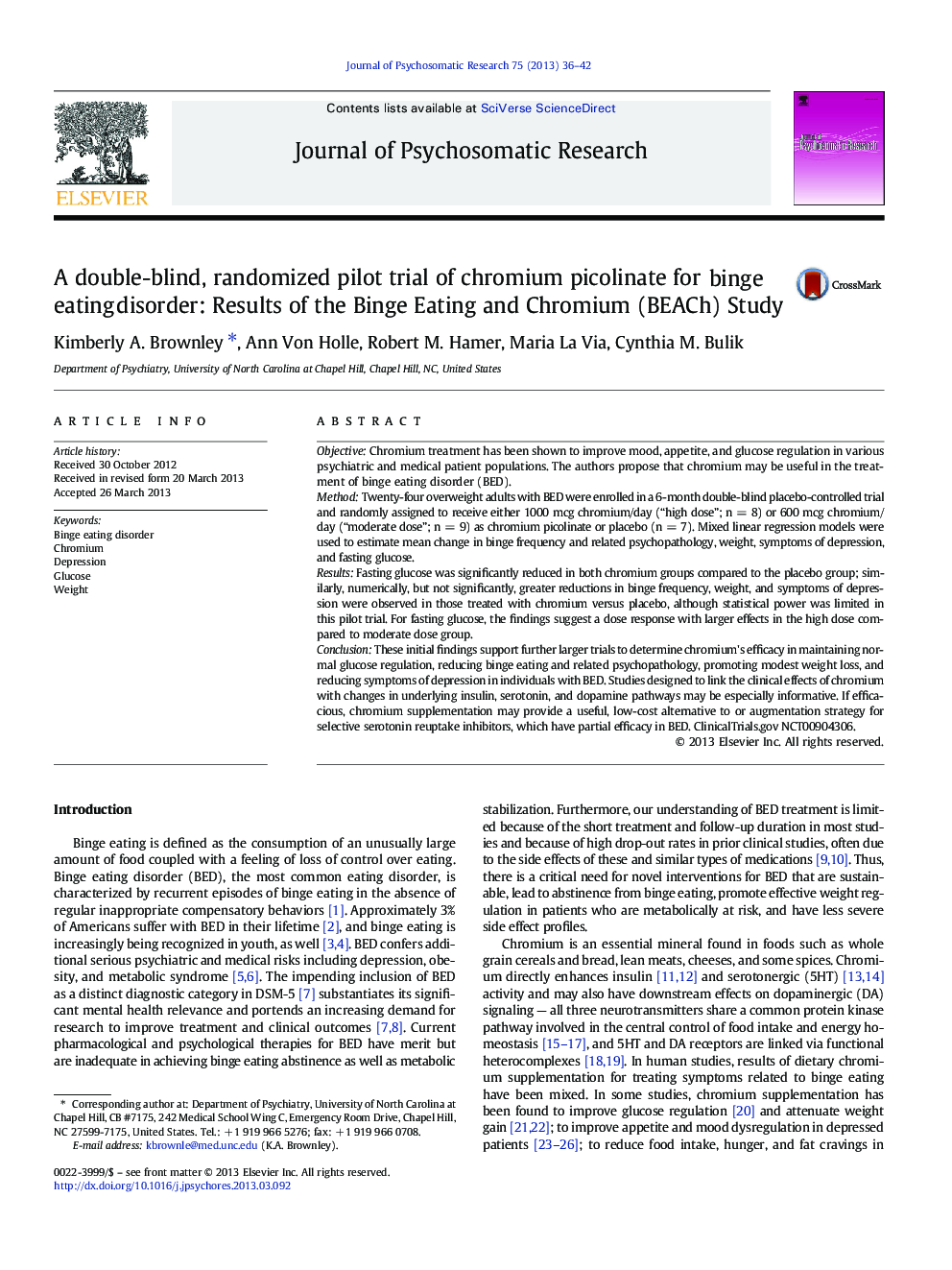 A double-blind, randomized pilot trial of chromium picolinate for binge eating disorder: Results of the Binge Eating and Chromium (BEACh) Study