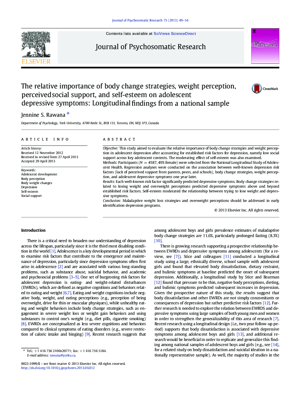 The relative importance of body change strategies, weight perception, perceived social support, and self-esteem on adolescent depressive symptoms: Longitudinal findings from a national sample
