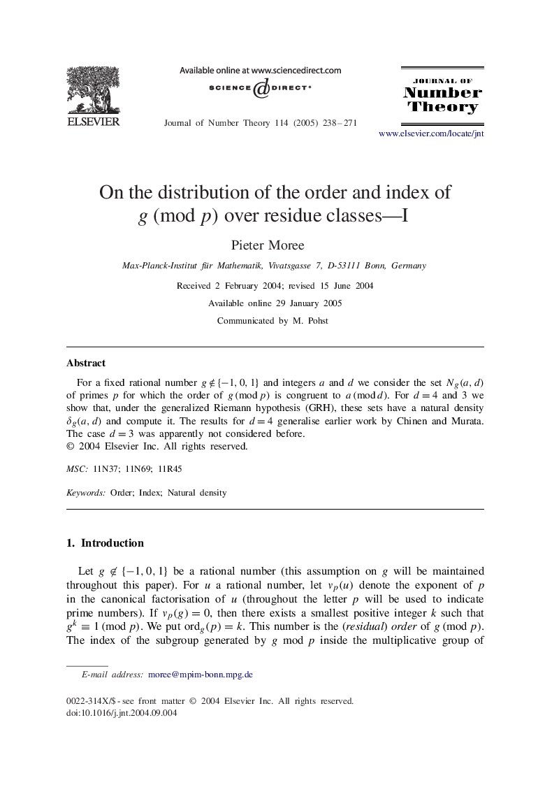 On the distribution of the order and index of g(modp) over residue classes-I