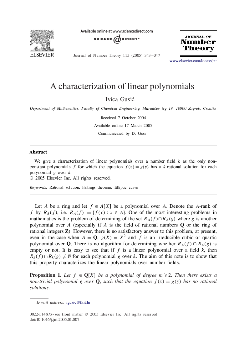 A characterization of linear polynomials