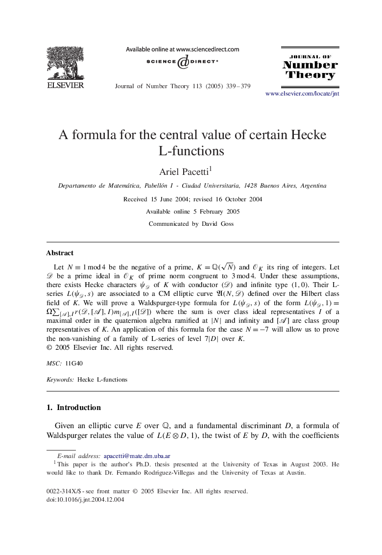 A formula for the central value of certain Hecke L-functions