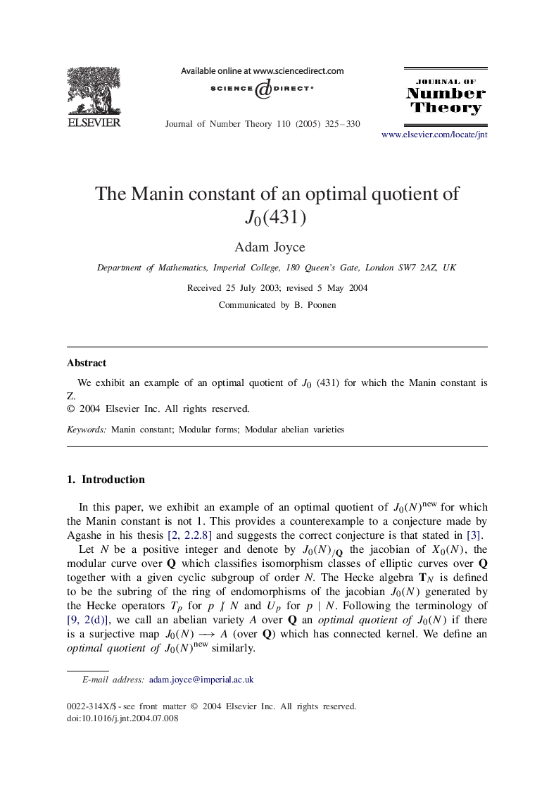 The Manin constant of an optimal quotient of J0(431)