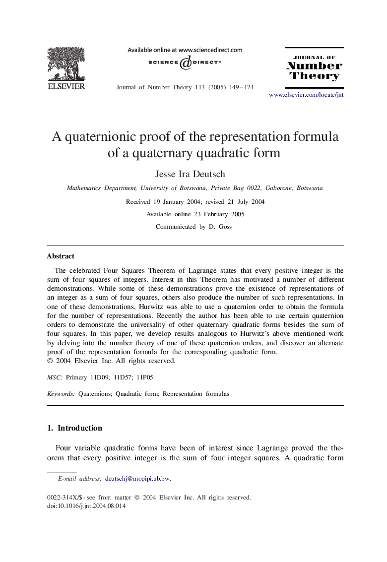 A quaternionic proof of the representation formula of a quaternary quadratic form