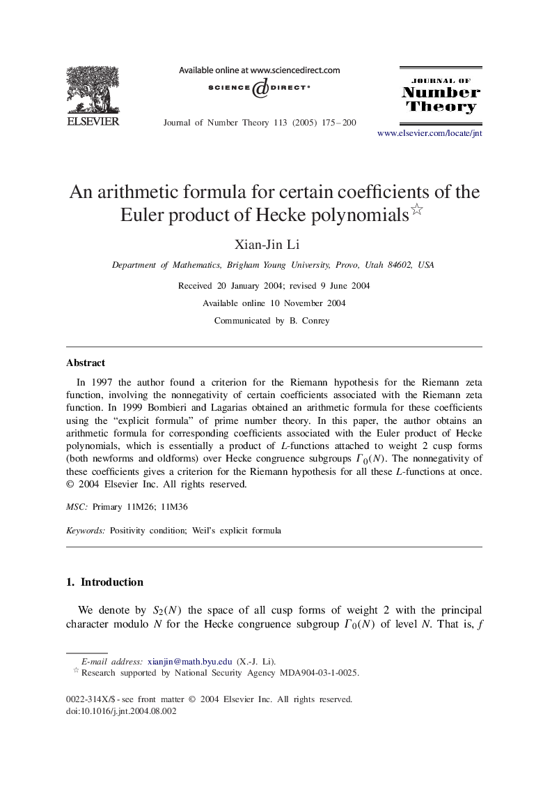 An arithmetic formula for certain coefficients of the Euler product of Hecke polynomials