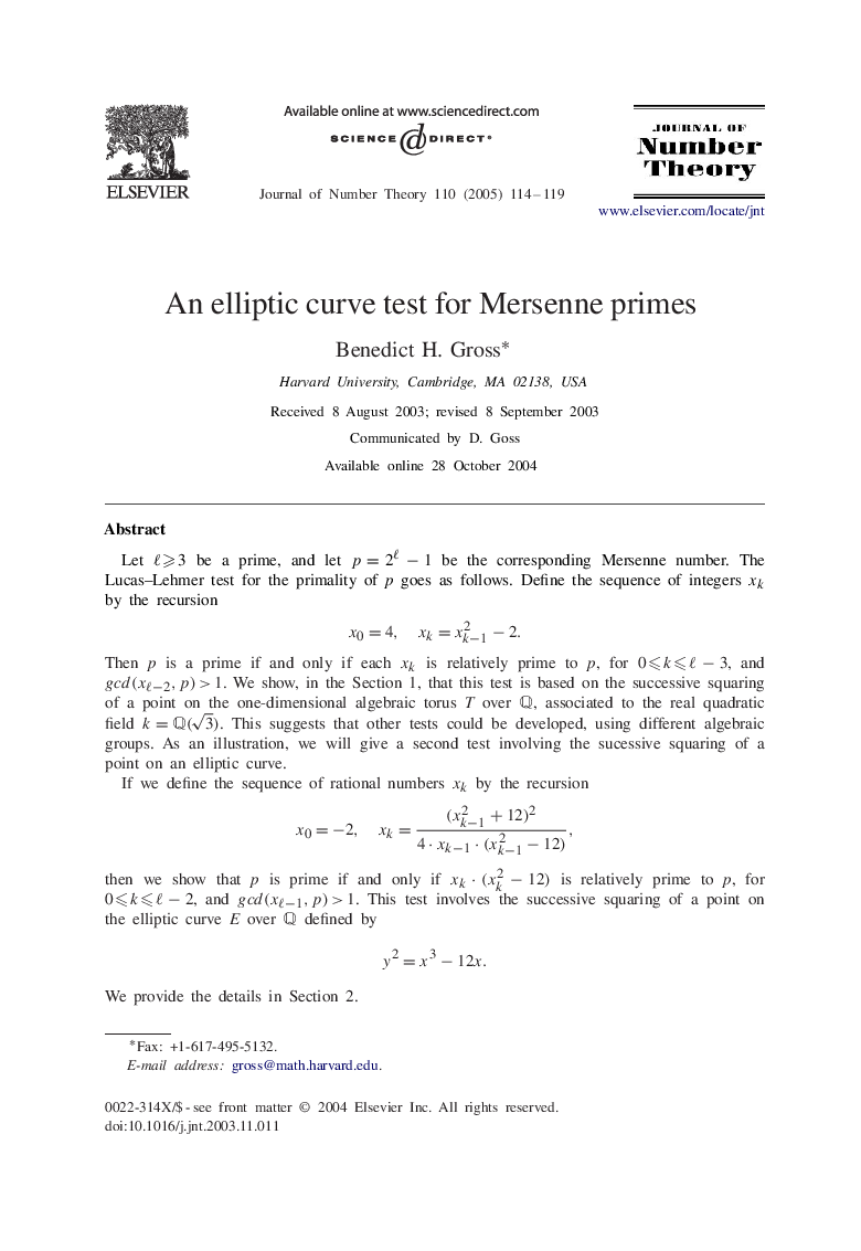 An elliptic curve test for Mersenne primes