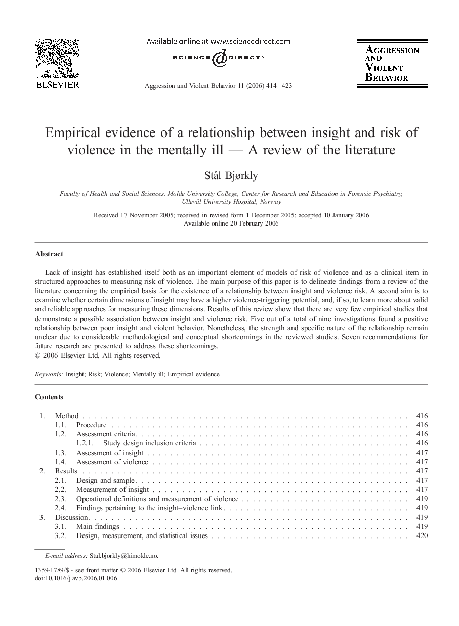 Empirical evidence of a relationship between insight and risk of violence in the mentally ill — A review of the literature