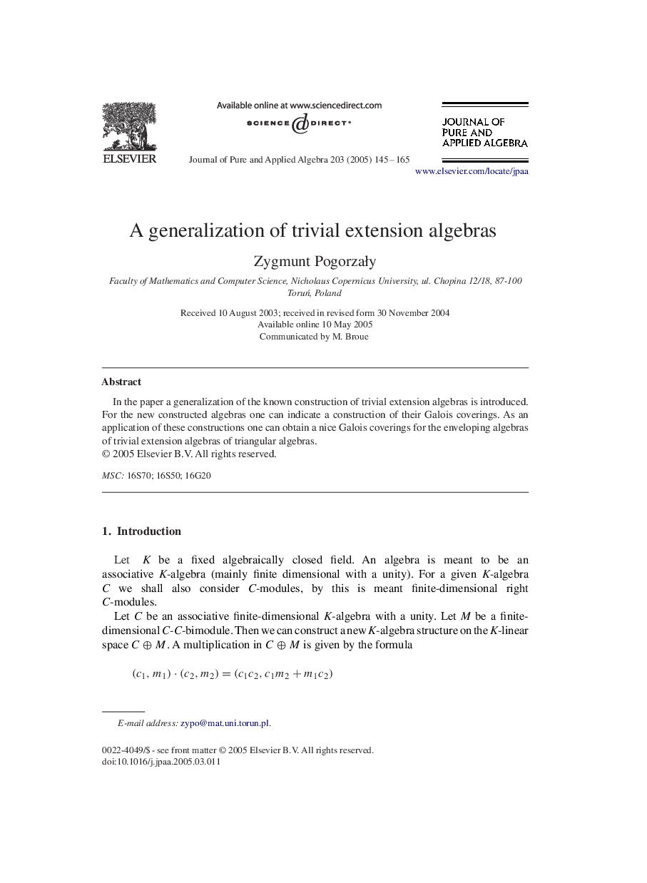 A generalization of trivial extension algebras