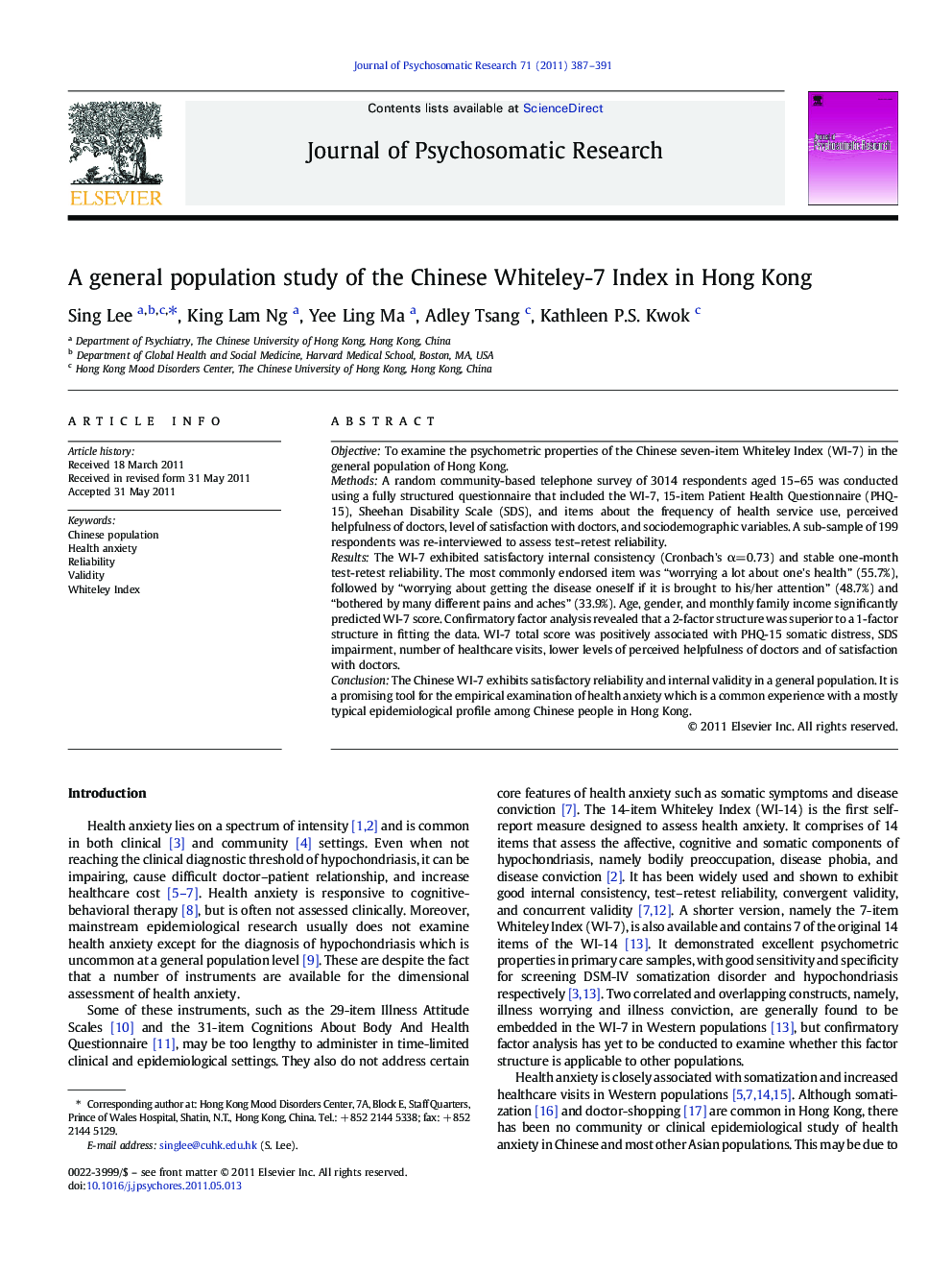 A general population study of the Chinese Whiteley-7 Index in Hong Kong