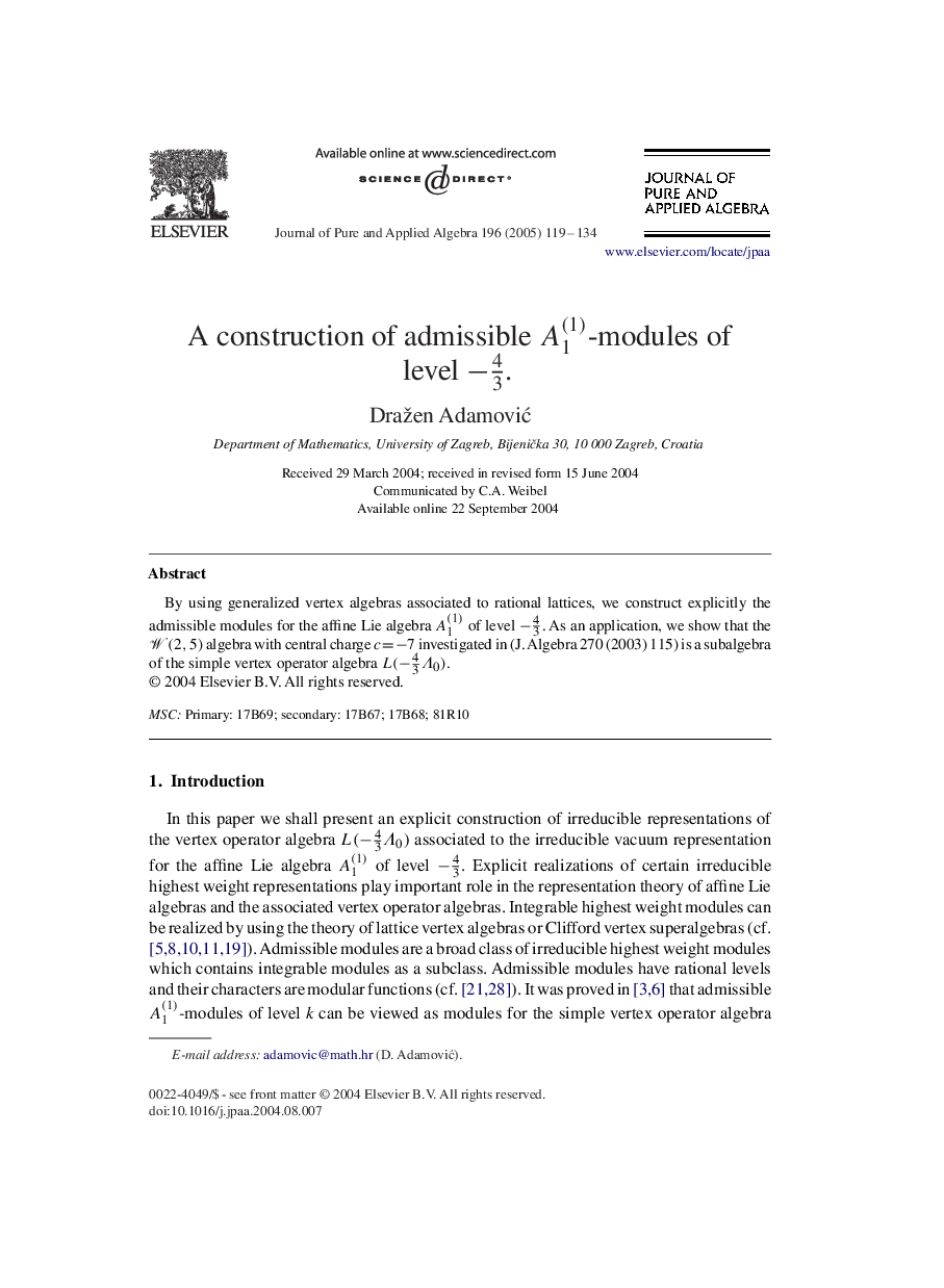 A construction of admissible A1(1)-modules of level -43.