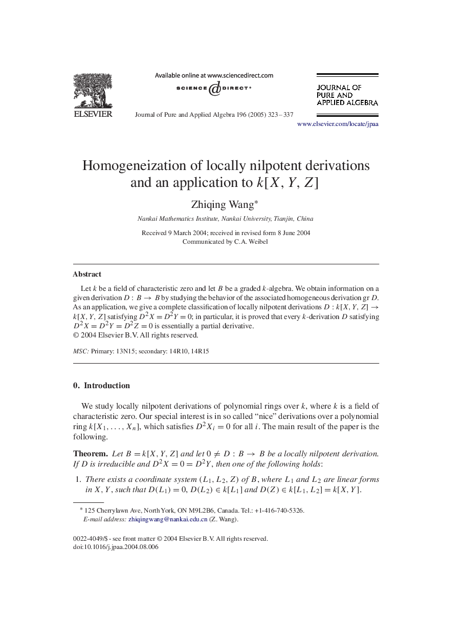 Homogeneization of locally nilpotent derivations and an application to k[X,Y,Z]