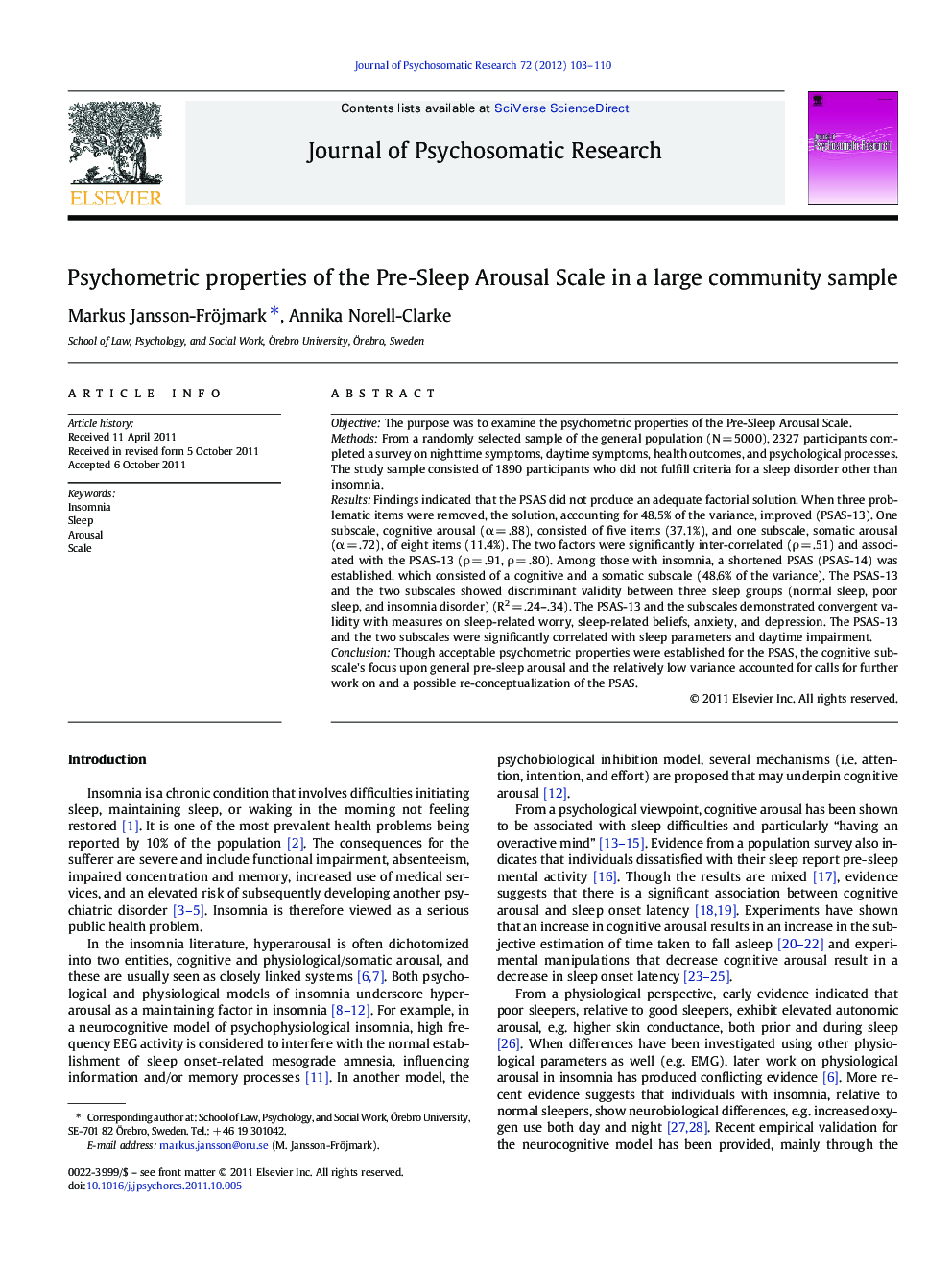 Psychometric properties of the Pre-Sleep Arousal Scale in a large community sample